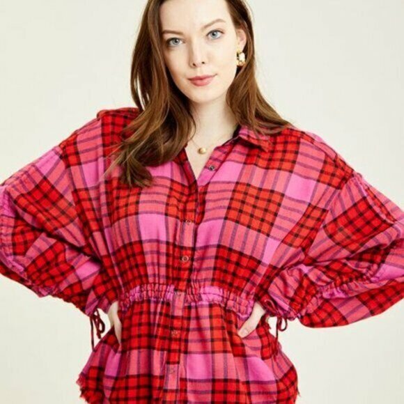Free People Pacific Dawn Shirt Pink Red Plaid Button Down Wool NWT - Picture 3 of 12